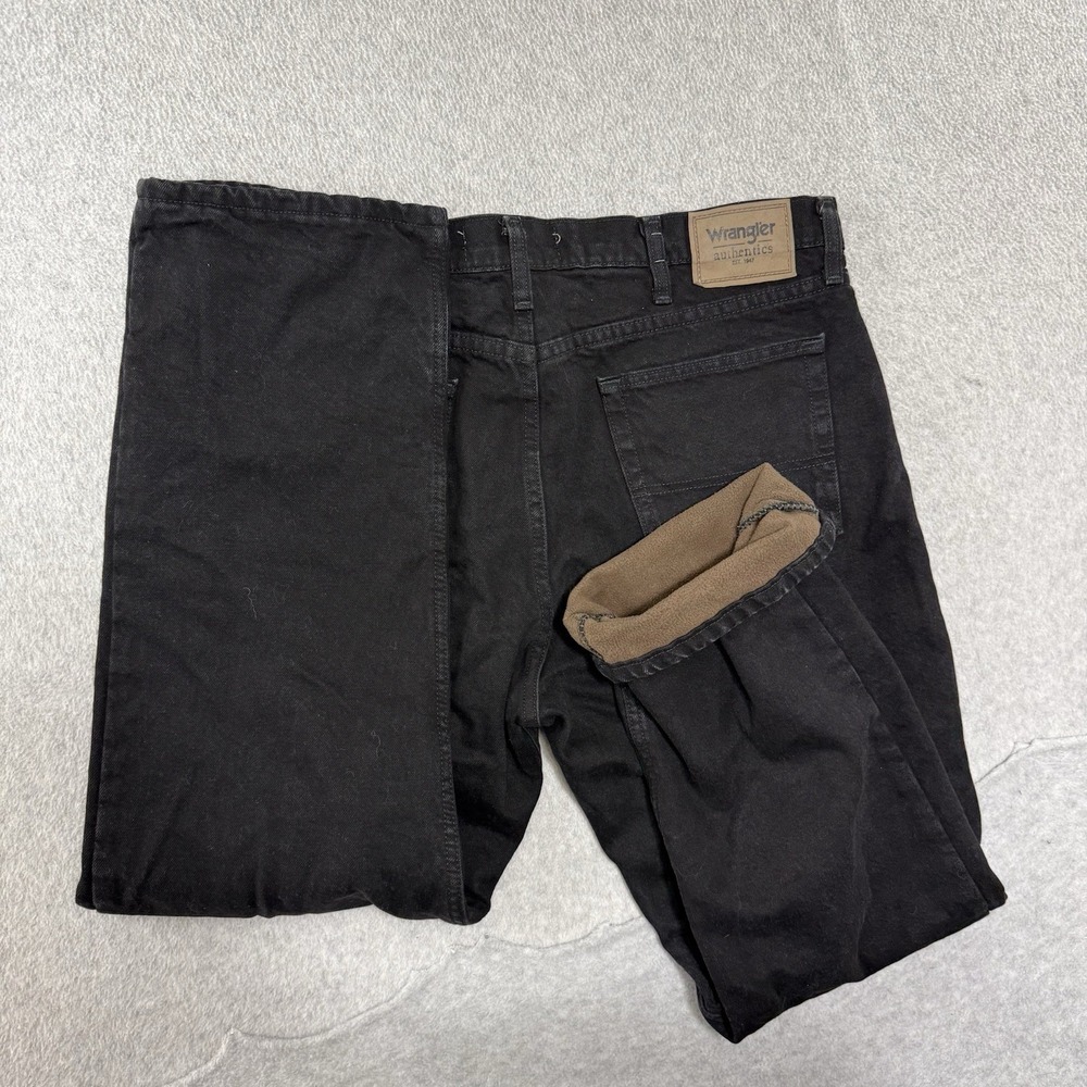 Wrangler Fleece Lined Jeans 36x29 Black Gray Dark Denim Winter Work Workwear EUC